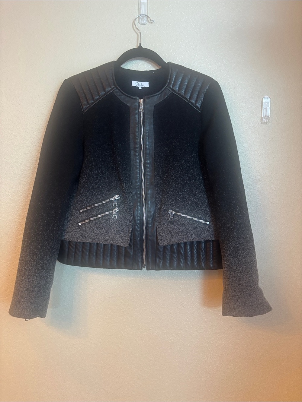 Parker Black to Gray Ombre Moto Bomber Jacket with leather trim